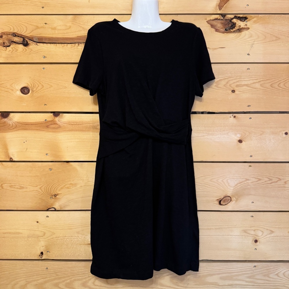 Loft Women Black Short Sleeve Faux Wrap Midi Dress Size L Cotton - Picture 8 of 8